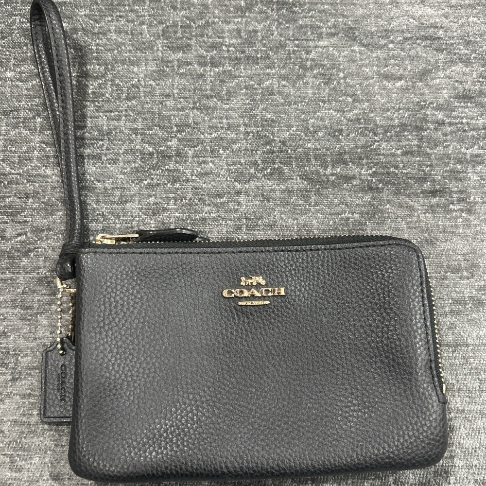 Coach Double Zip Wristlet Pebble Leather Black Wallet Clutch